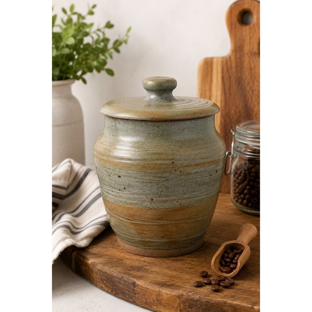 Vintage Studio Pottery Stoneware Canister Jar With Lid Green Brown Speckled 8.5"